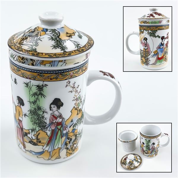 PORCELAIN TEA MUG CUP - ASIAN WOMEN ART DESIGN
