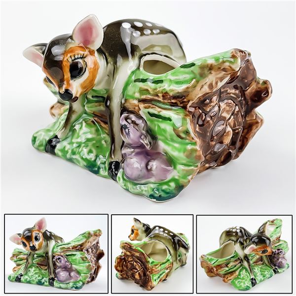 VTG CERAMIC DEER FAWN & RABBIT PLANTER - BAMBI?