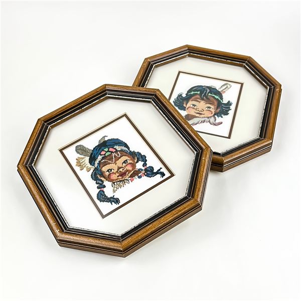 PAIR OF FRAMED PETIT POINT FIRST NATIONS BOY & GIRL