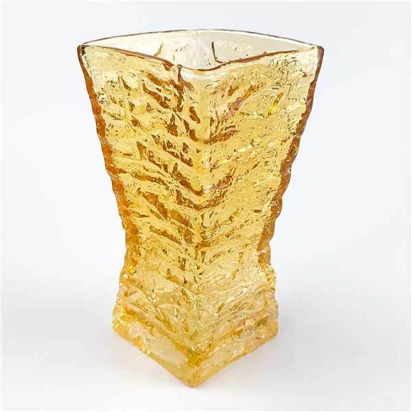 VINTAGE AMBER ART GLASS ICE BARK FLOWER VASE