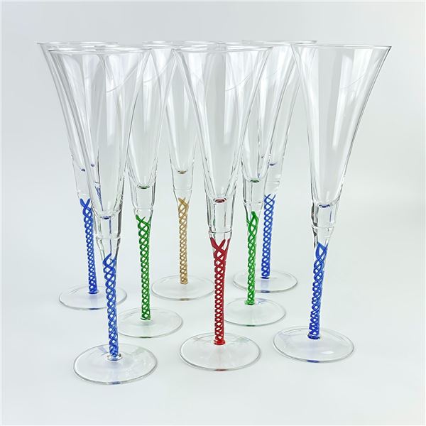 8 HAND BLOWN TWISTED STEM CHAMPAGNE FLUTES