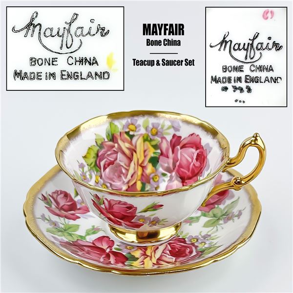 VINTAGE MAYFAIR CABBAGE ROSE TEACUP & SAUCER SET