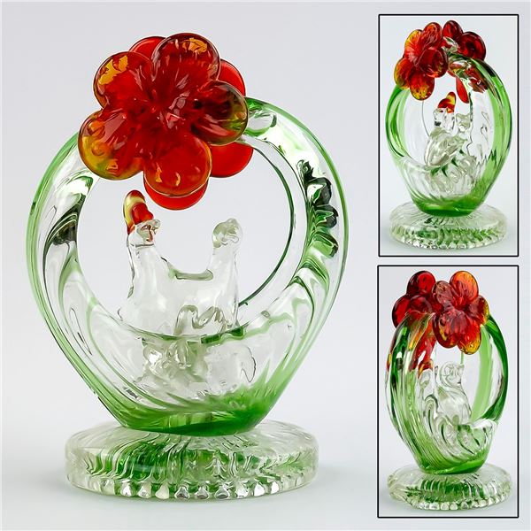 HAND BLOWN STUDIO ART GLASS ROOSTER IN BASKET