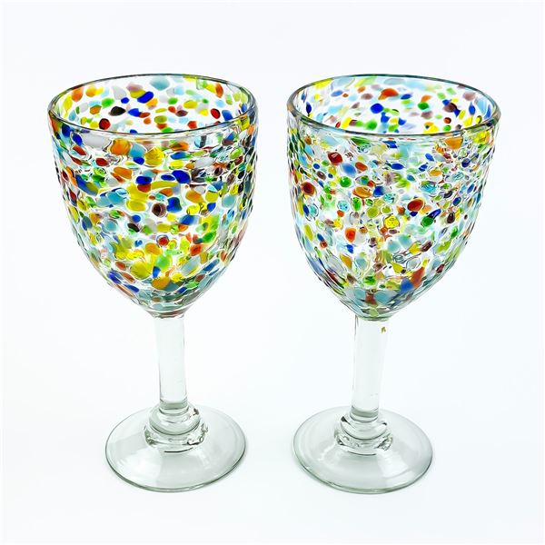 PAIR OF HAND BLOWN CONFETTI GLASS WINE GOBLETS