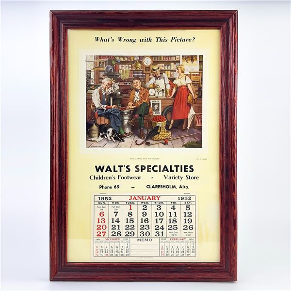 CLARESHOLM ALBERTA 1952 ADVERTISING CALENDAR