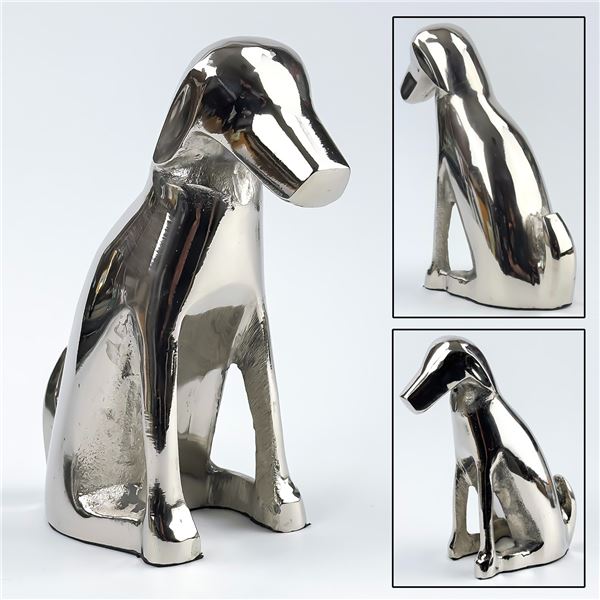 SILVER TONE METAL CHROME DOG SCULPTURE FIGURINE