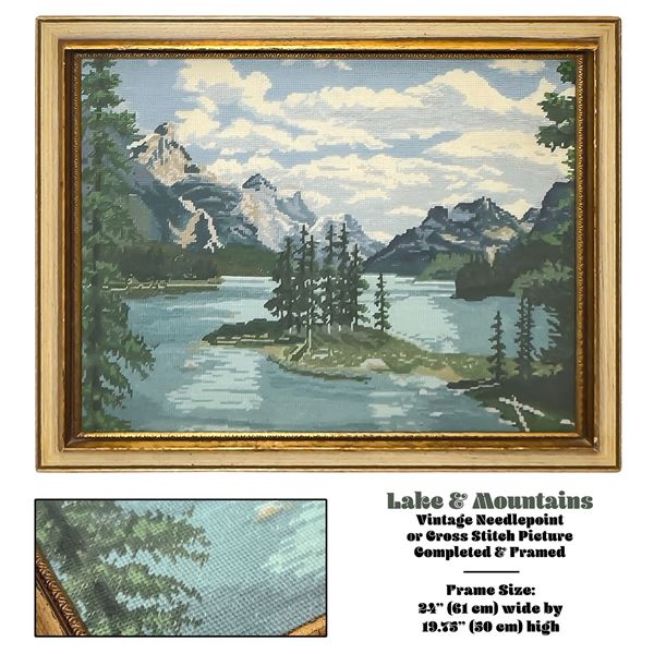 VINTAGE NEEDLEPOINT CROSS STITCH LAKE MOUNTAINS