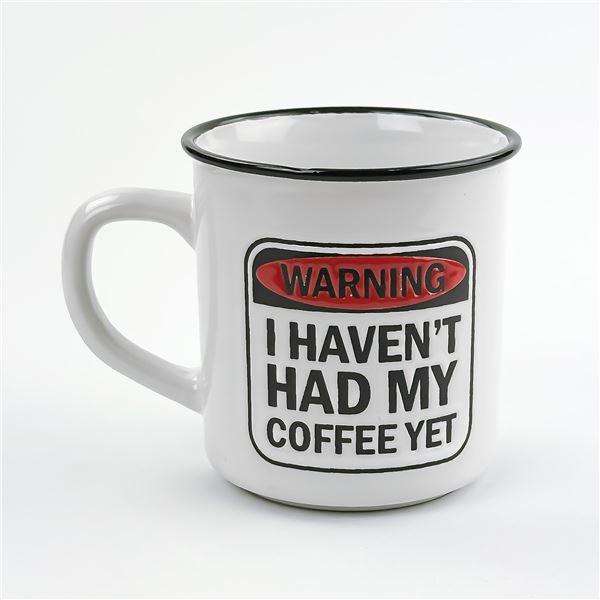 HUMOROUS COFFEE WARNING POTTERY MUG CUP