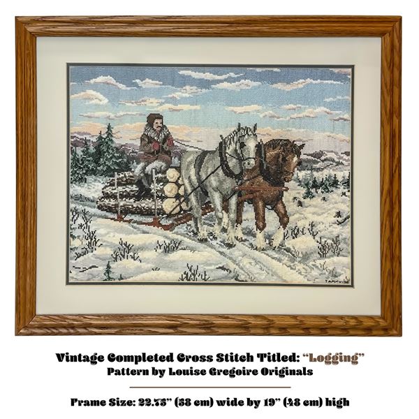 VINTAGE NEEDLEPOINT CROSS STITCH - SLEIGH & HORSES