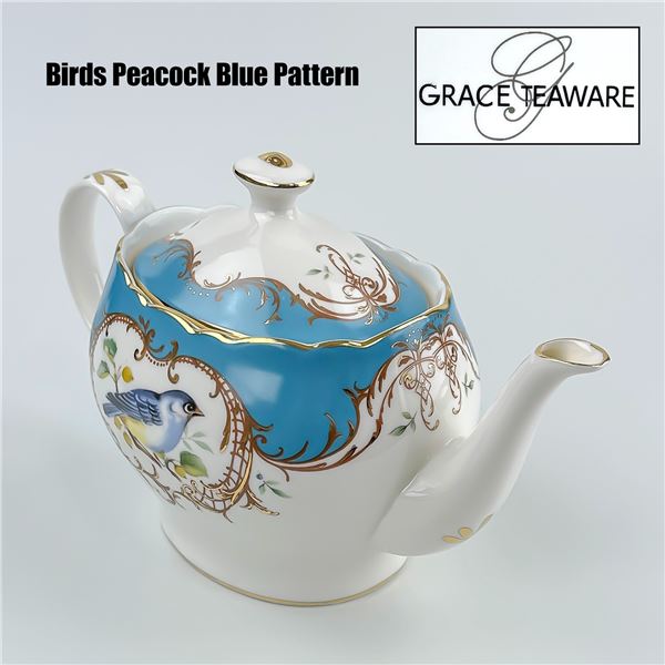 CRACE TEAWARE TEAPOT BIRDS PEACOCK BLUE PATTERN