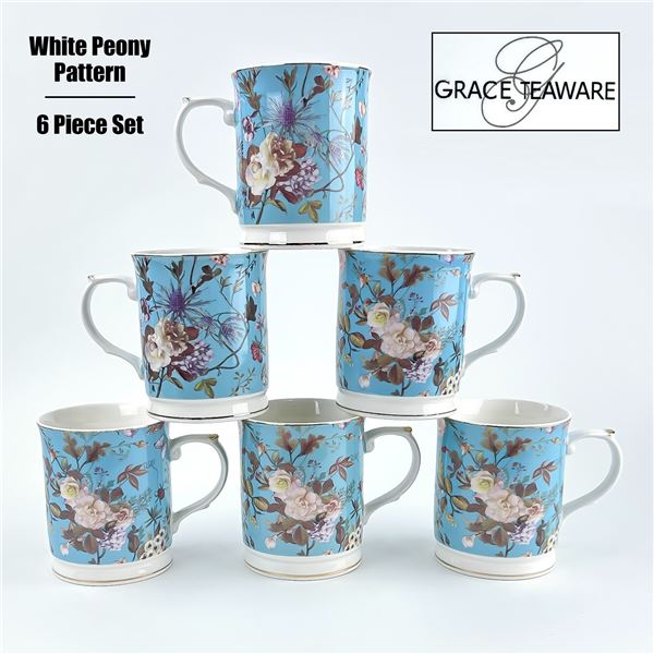 SET OF 6 GRACE TEAWARE FLORAL WHITE PEONY MUGS