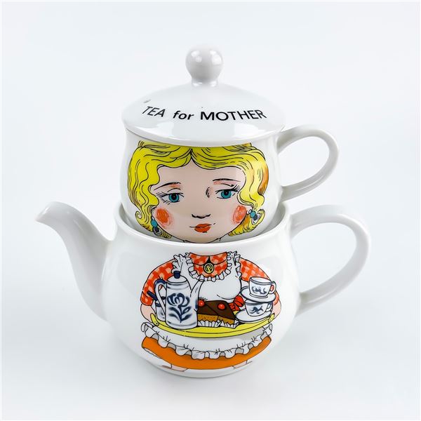 NOVELTY STACKING “TEA FOR MOTHER” TEAPOT & CUP