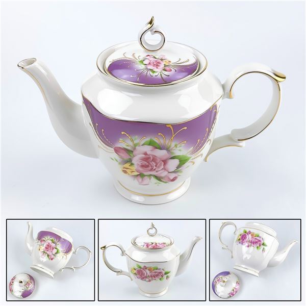 VINTAGE FLORAL CABBAGE ROSE PORCELAIN TEAPOT