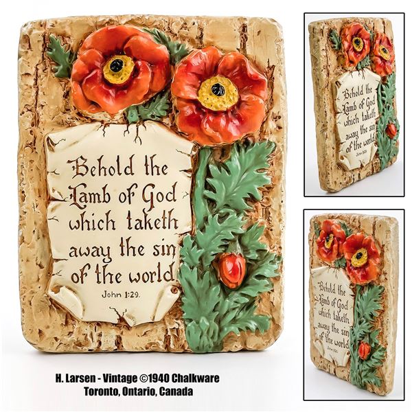 VINTAGE 1940 LARSEN CHALKWARE BIBLE VERSE PLAQUE
