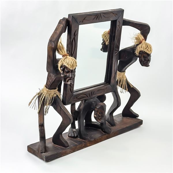 AFRICAN TIKI MEN WOOD CARVING MIRROR SCULPTURE