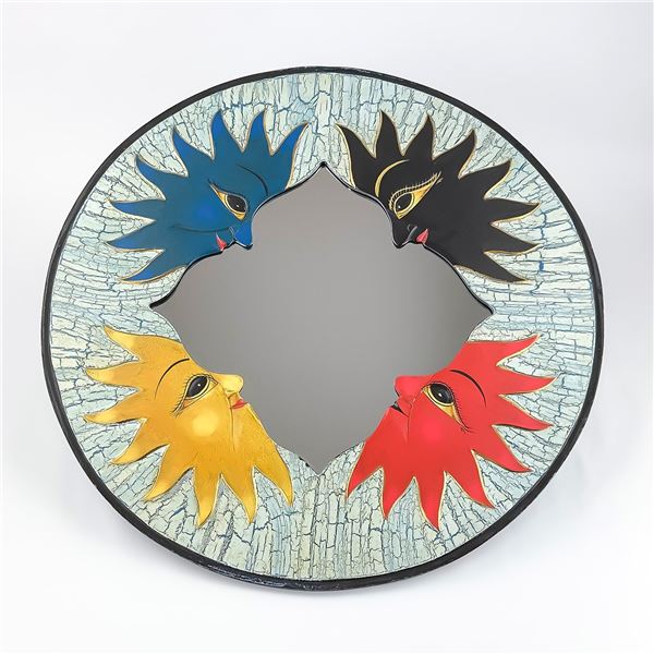 WOOD FOLK ART CELESTIAL SUN WALL DECOR MIRROR