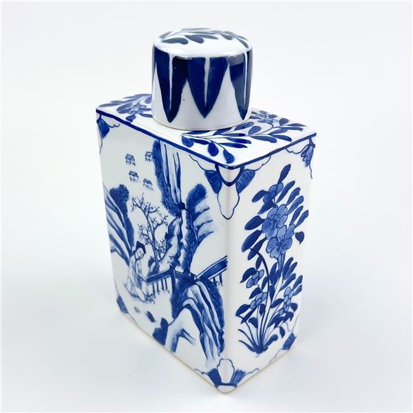 PORCELAIN BLUE WHITE TEA CADDY - ASIAN MOTIF ART