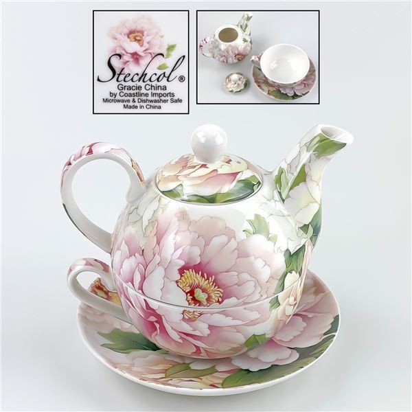 STECHCOL GRACIE CHINA TEA POT SET FOR ONE - PEONY