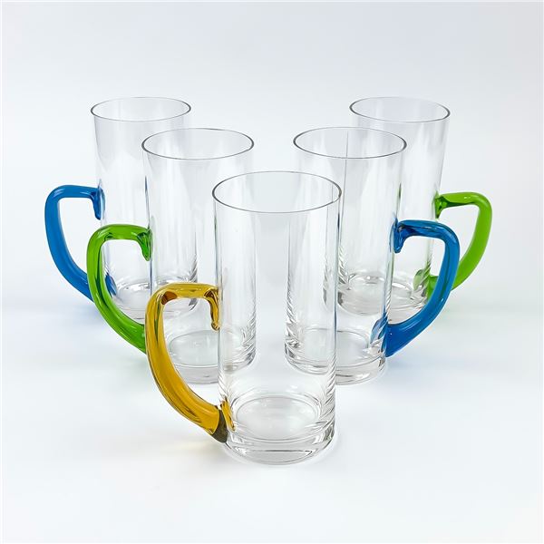VTG TALL GLASS TUMBLERS WITH COLOURED HANDLES