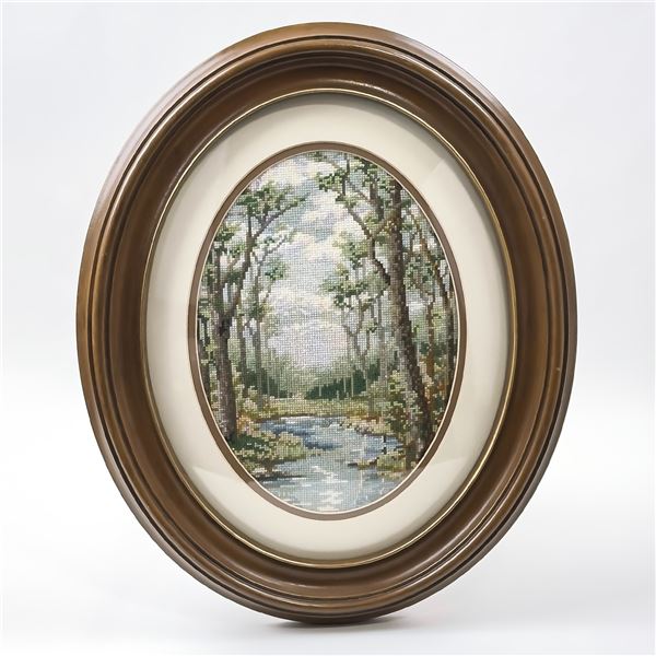 VINTAGE FRAMED NATURE NEEDLEPOINT CROSS STITCH