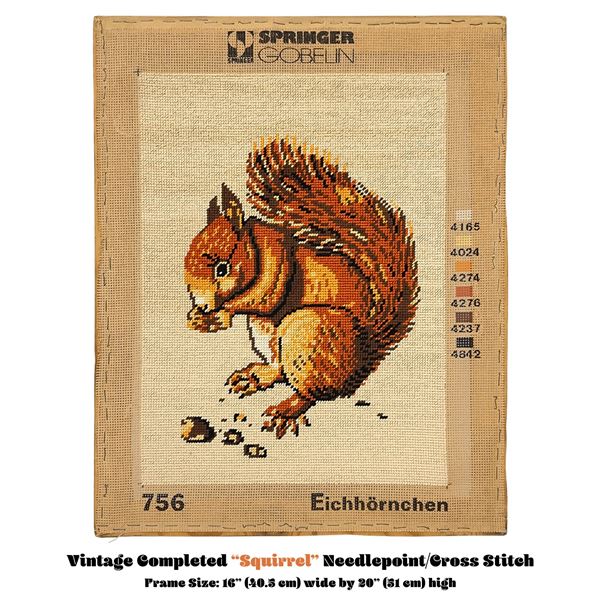 VINTAGE SQUIRREL NEEDLEPOINT CROSS STITCH PICTURE