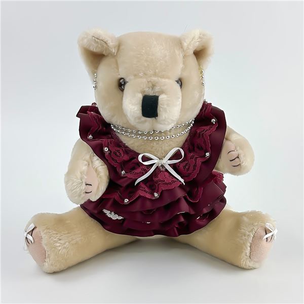COLLECTIBLE PLUSH TEDDY BEAR BURGUNDY LACE DRESS