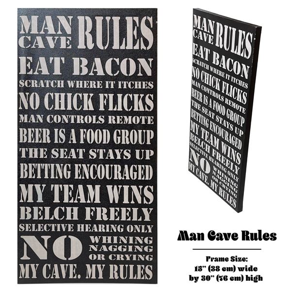 MAN CAVE RULES WOOD CANVAS 30” WALL DECOR SIGN