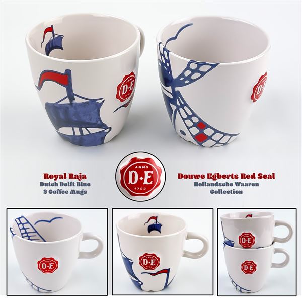 ROYAL RAJA DUTCH DELFT BLUE COFFEE MUGS D+E SEAL
