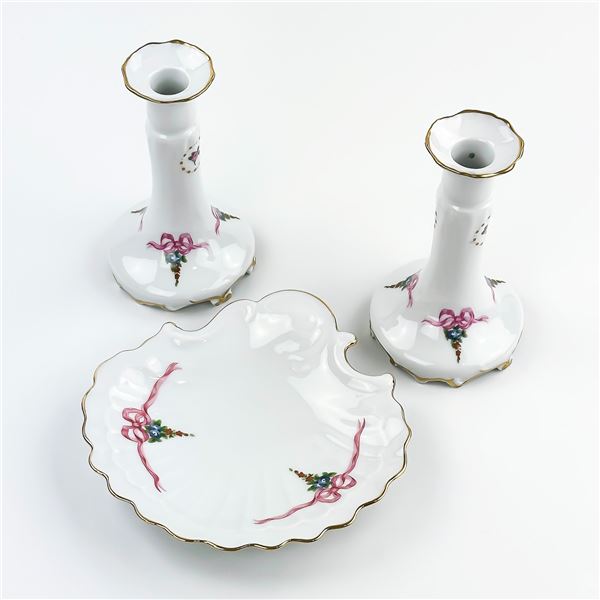 LIMOGES CASTEL FRANCE CANDLESTICKS & SHELL DISH