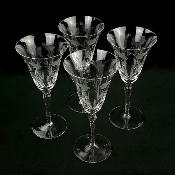 4 VINTAGE FLORAL ETCHED WINE GLASSES GOBLETS