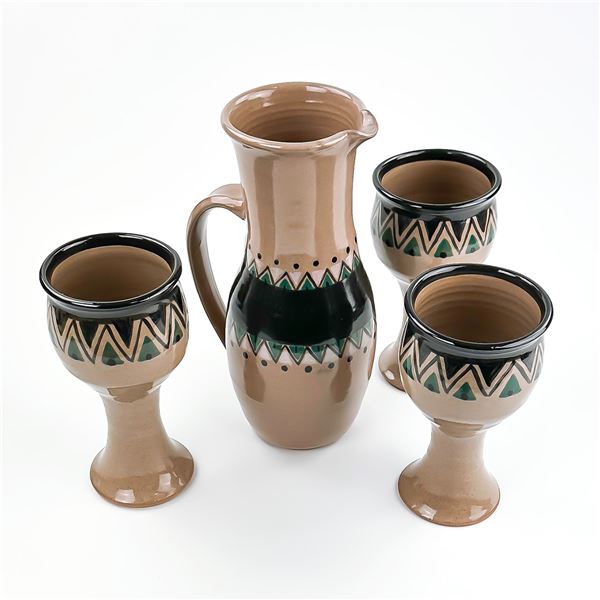 HAND CRAFTED POTTERY PITCHER & GOBLETS - MARKED