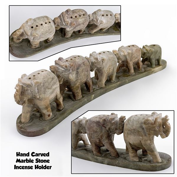 CARVED MARBLE STONE ELEPHANTS INCENSE HOLDERS