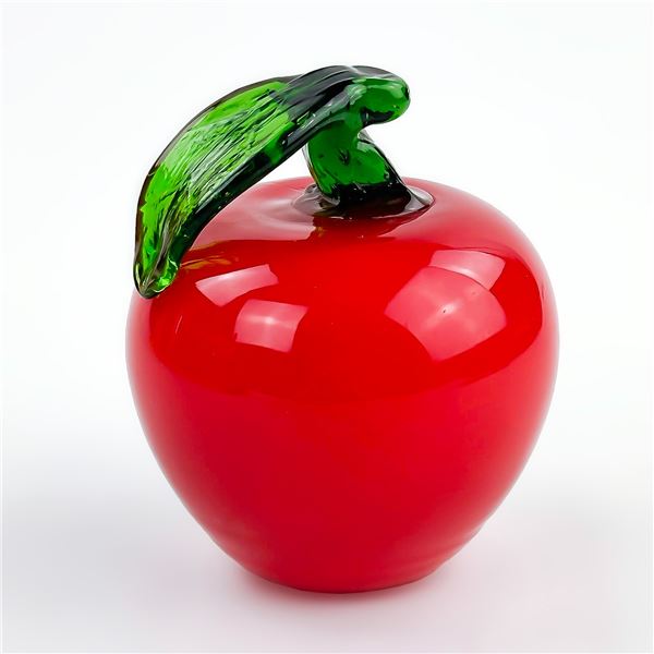 HAND BLOWN ART GLASS RED APPLE & LEAF SCULPTURE