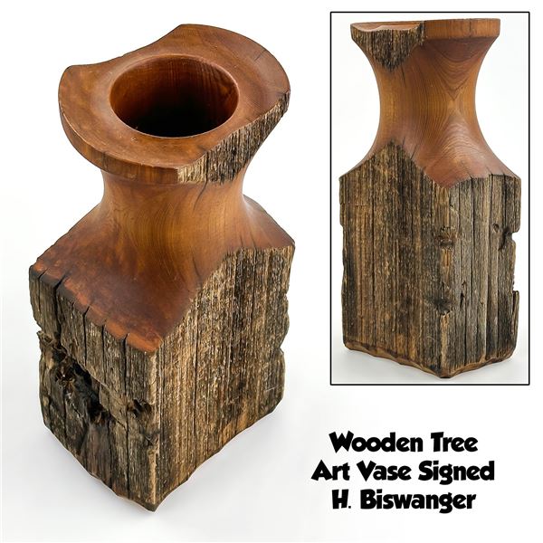 WOODEN VASE TREE ART SCULPTURE BY H. BISWANGER