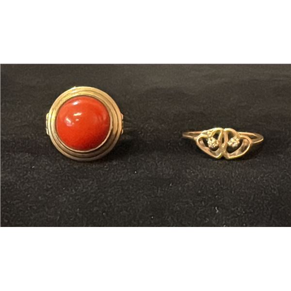 APPROX 8K LADIES RING SET WITH PINK CORAL & APPROX 10K LADIES RING SET WITH DIAMONDS (4.9G)