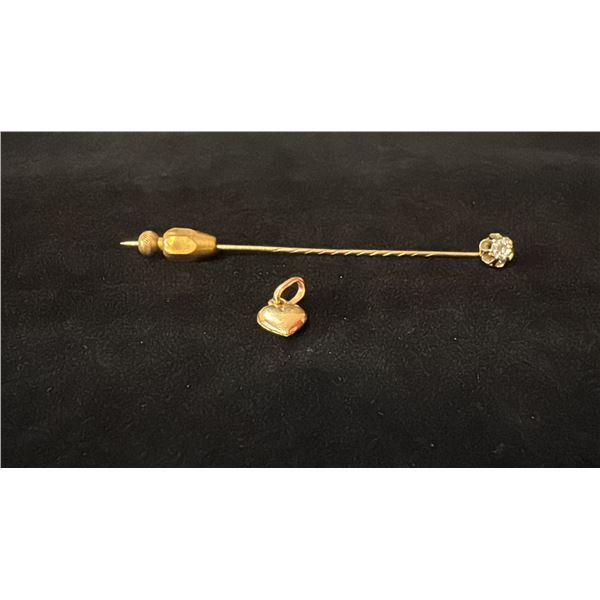 APPROX 18K HEART CHARM & APPROX 14K STICK PIN SET WITH DIAMOND (.15CT, 1.9G)