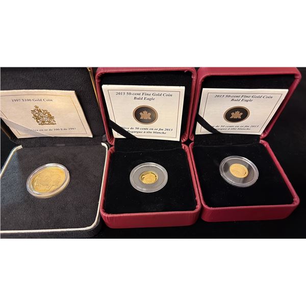 THREE CANADA GOLD COINS; 1 X 1/4OZ GOLD COIN, 2 X 1/25OZ GOLD COINS