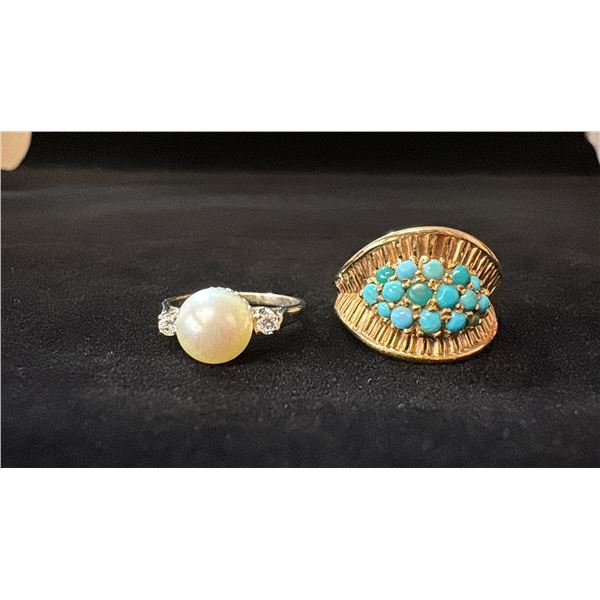 APPROX 14K LADIES RING SET WITH TURQUOISE STONES & APPROX 14K LADIES RING SET WITH PEARLS & DIAMOND