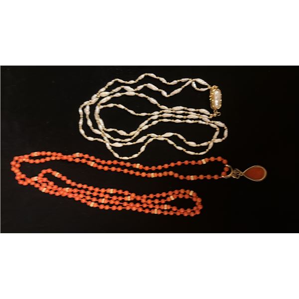 APPROX 14K & PINK CORAL BEAD NECKLACE (42") WITH APPROX 14K+ PEARL ENHANCER SET WITH PINK CORAL &