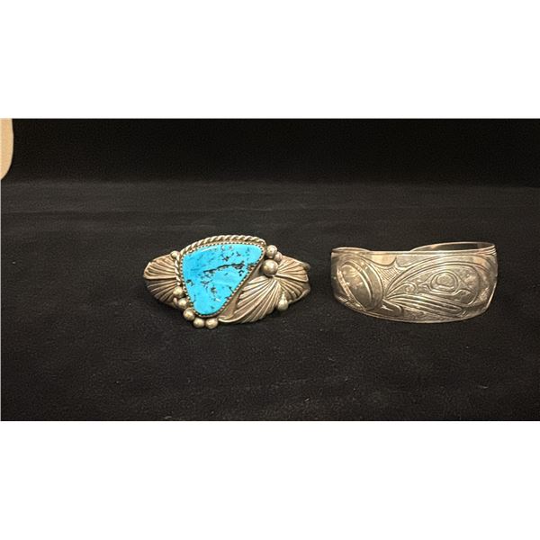 SILVER WESTCOAST NATIVE BRACELET WITH SALMON MOTIF AND SILVER SOUTHWEST NATIVE BRACELET SET WITH