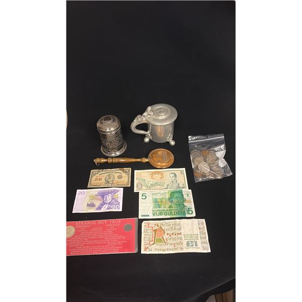 VINTAGE CURRENCY & COLLECTABLES; METAL CUP, CONTAINER AND UTENSIL, VINTAGE CURRENCY INCLUDING US