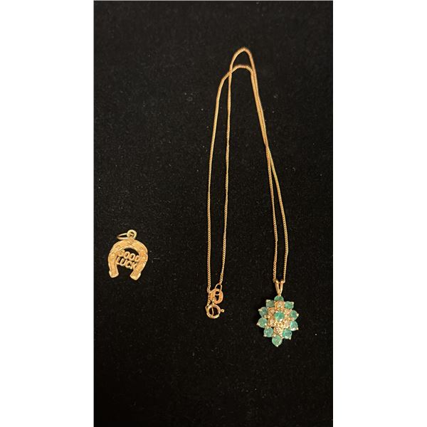 APPROX 10K CHAIN (16") WITH APPROX 14K PENDANT SET WITH EMERALDS AND DIAMONDS & APPROX 10K GOOD