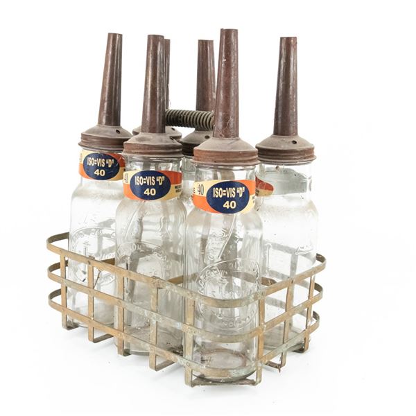 (6) Standard Oil Service Motor Oil Bottles w Rack