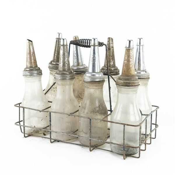 (9) Vintage Motor Oil Glass Bottles w Wire Rack