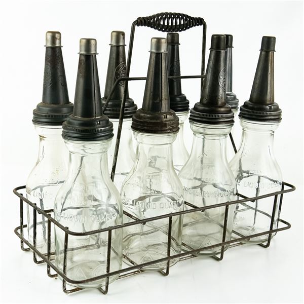 Vintage Motor Oil Bottles in Carry Rack