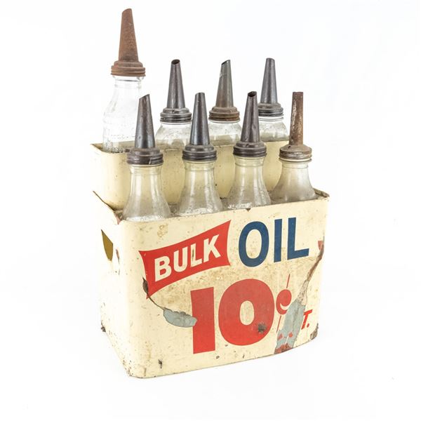 Vintage Bulk Oil Display with 8 Glass Bottles