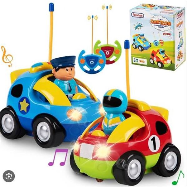 Prextex 2-in-1 Cartoon Police and Race Car Set with Two Remote Controls