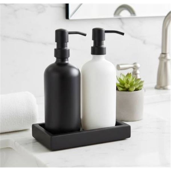 Black and White Glass Soap Dispensers with Tray