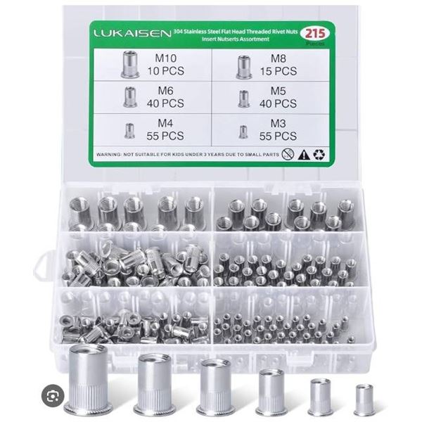 Lukaisen 304 Steel Rivet Nuts Assortment Set, 215 Pieces