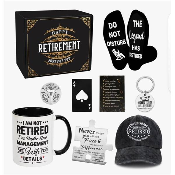 Retirement Themed Gift Set With Mug, Hat, Socks, And Accessories